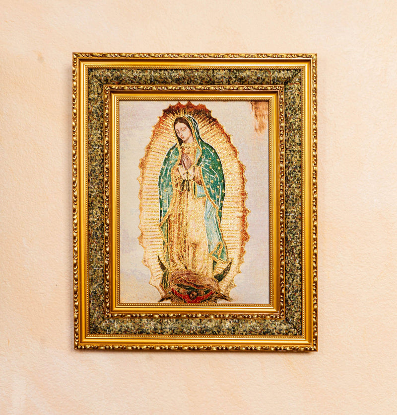 Our Lady of Guadalupe Double Padded Image – Handcrafted Embroidered Religious Art (17" x 21") – Framed with Gold Accents