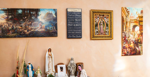 Our Lady of Guadalupe with Saints & Angels – Double Padded Handcrafted Tapestry (17" x 21") – Framed in Gold with Gold Accents