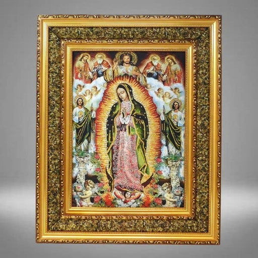 Our Lady of Guadalupe with Saints & Angels – Double Padded Handcrafted Tapestry (17" x 21") – Framed in Gold with Gold Accents