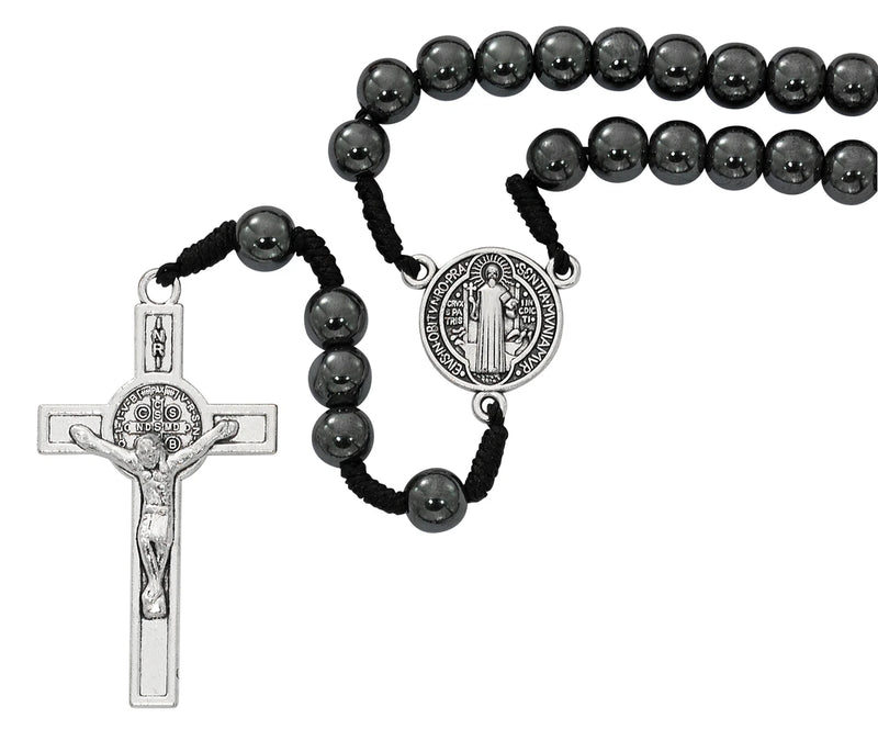 8mm Hematite St. Benedict Rosary on Black Cord with Silver Ox Crucifix