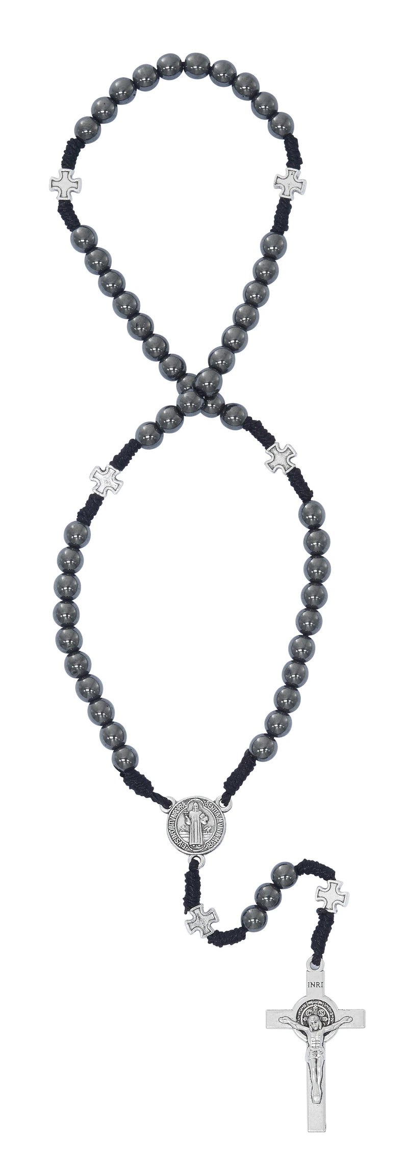 6mm Hematite Corded St. Benedict Rosary with Silver Ox Crucifix