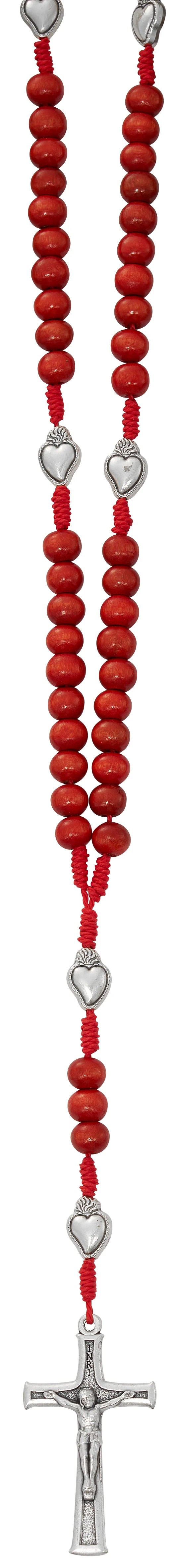Red Wood Bead Sacred Heart Rosary with Silver Ox Crucifix & Plastic Box