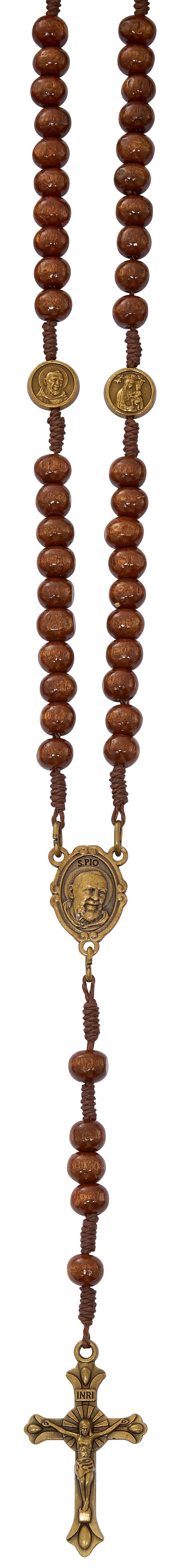 Brown Wood St. Pio Rosary with Bronze St. Pio Beads & Crucifix – Boxed, Made in Italy
