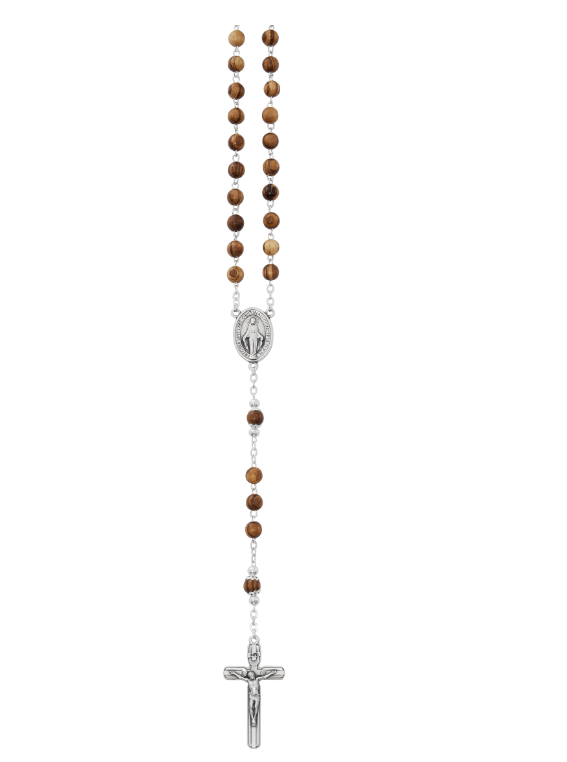 6mm Zebra Wood Miraculous Rosary with Capped O.F. Beads on Hang Card – Made in Italy
