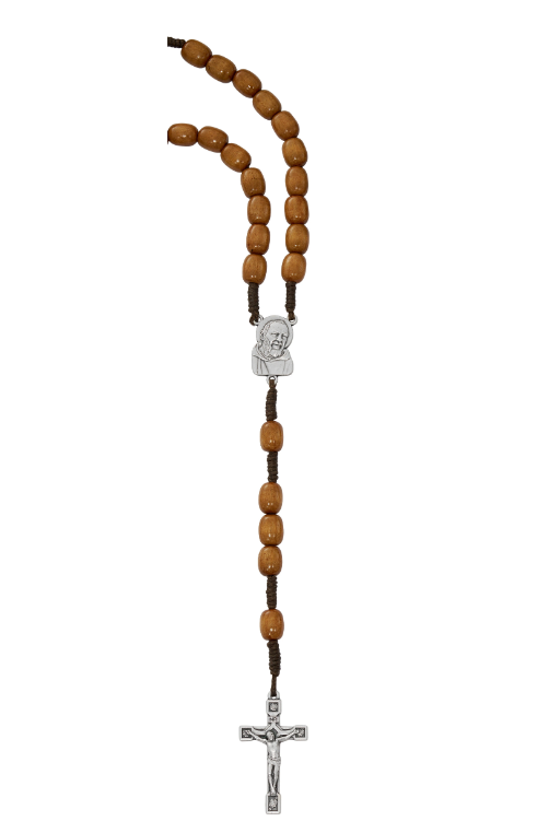 Large Brown Wood St. Pio Rosary with Capped O.F. Beads on Hang Card – Made in Italy