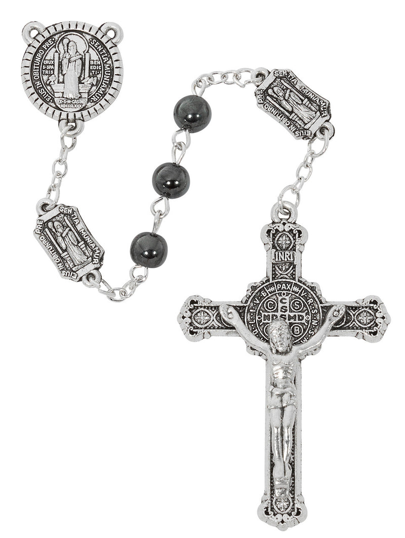 6mm Hematite St. Benedict Rosary with Silver Ox Crucifix