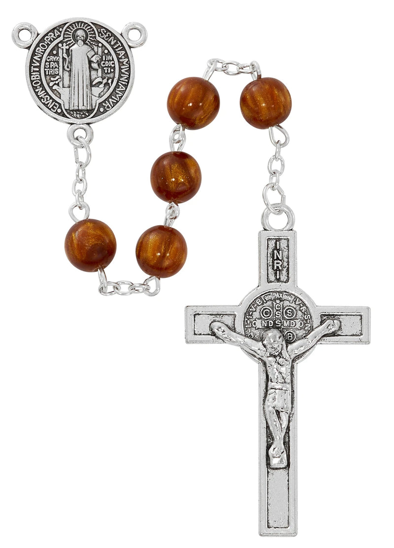 8mm Sandstone Glass St. Benedict Rosary with Silver Ox Crucifix