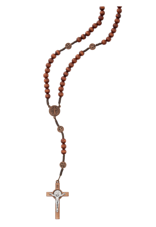 7mm Brown Wood St. Benedict Rosary with Copper Crucifix & Center – Gift Boxed, Made in Italy