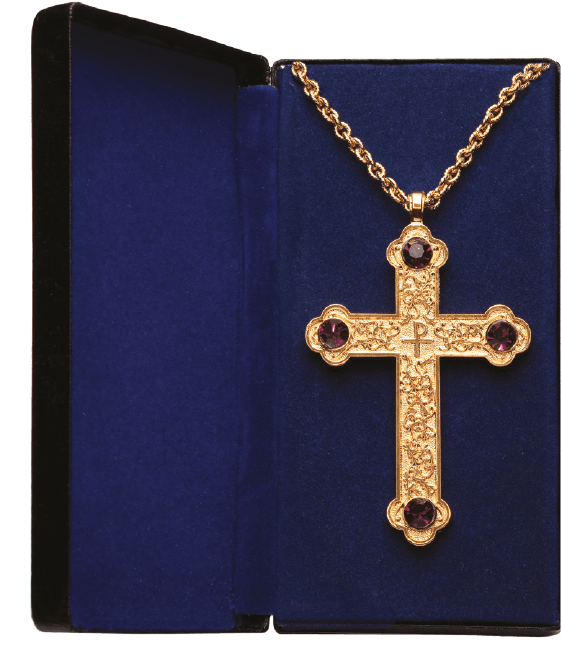 24K Gold-Plated Pectoral Cross with Amethyst Scroll Design