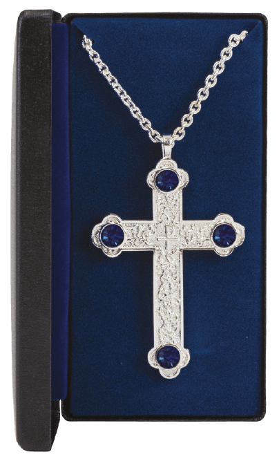 Silver-Plated Pectoral Cross with Blue Stones and Scrollwork