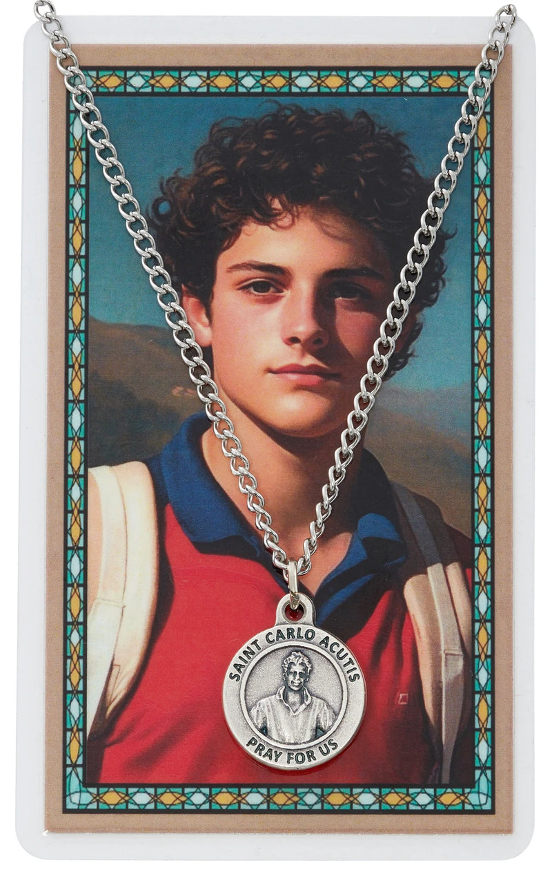 St. Carlo Acutis Silver Ox Medal Set | 24" Chain & Laminated Holy Card | Made in Italy
