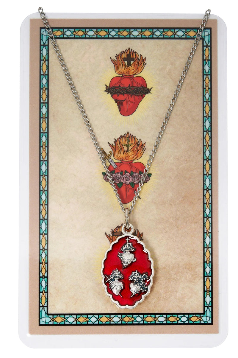 Red Epoxy Three Hearts of Jesus, Mary & Joseph Medal with Prayer Card & 18” Chain