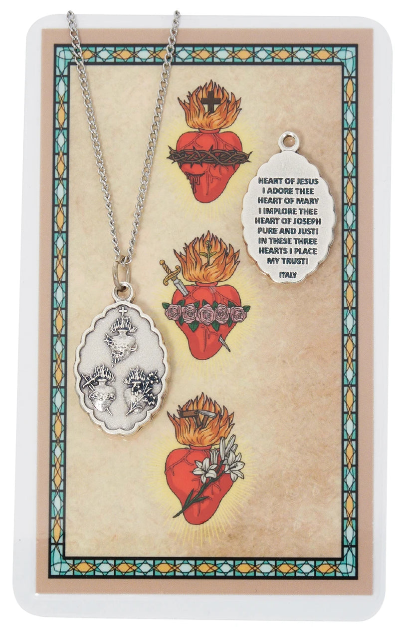 Three Hearts of Jesus, Mary & Joseph Medal with Prayer Card & 18” Chain