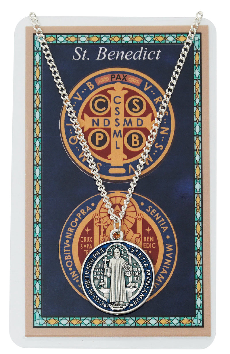 Blue St. Benedict Medal on 24" Chain with Laminated Holy Card – Hang Bag