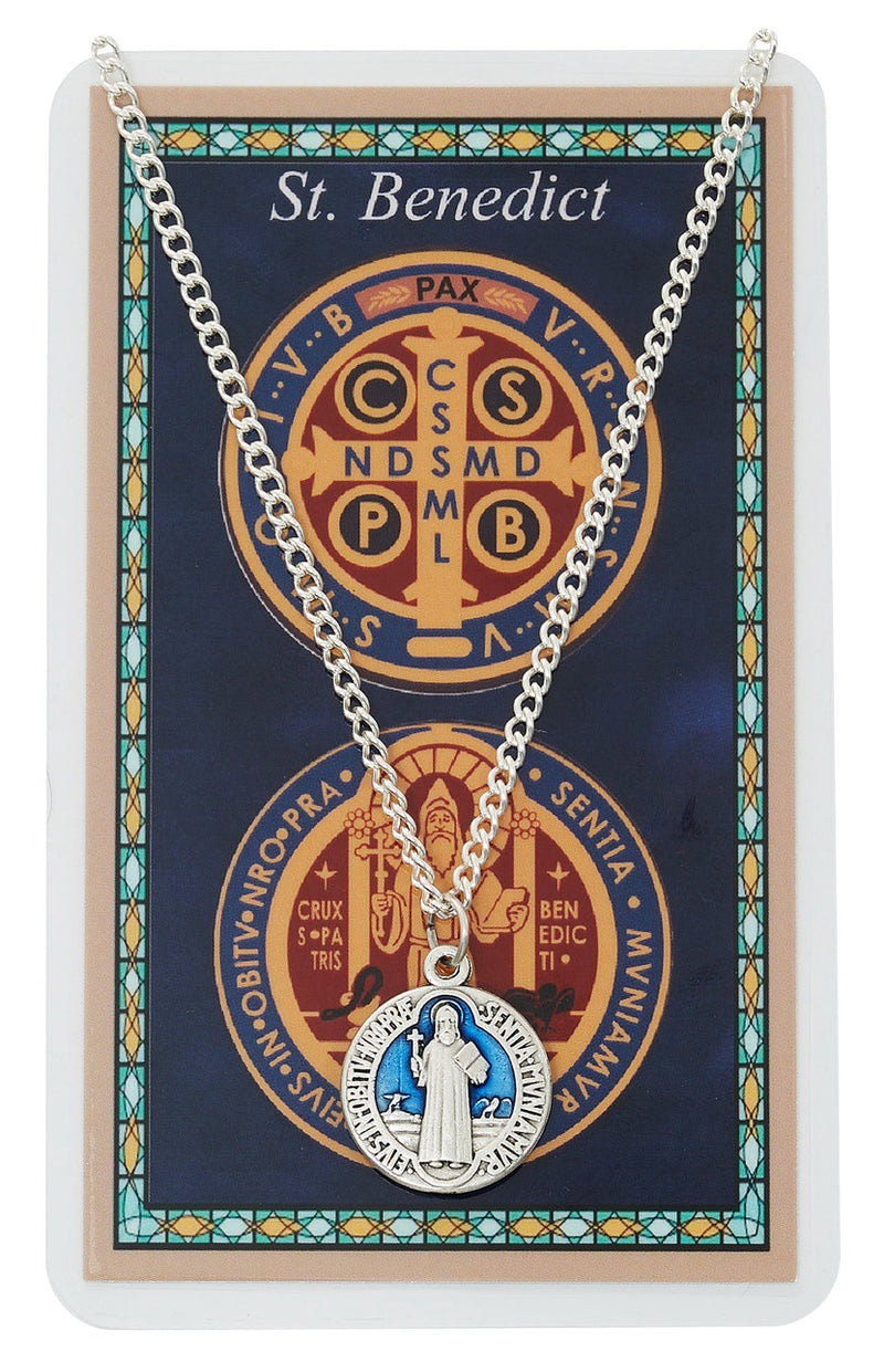 Blue St. Benedict Medal on 18" Chain with Laminated Holy Card – Hang Bag
