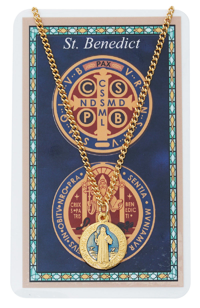 Gold-Plated Blue St. Benedict Medal on 18" Chain with Laminated Holy Card – Hang Bag