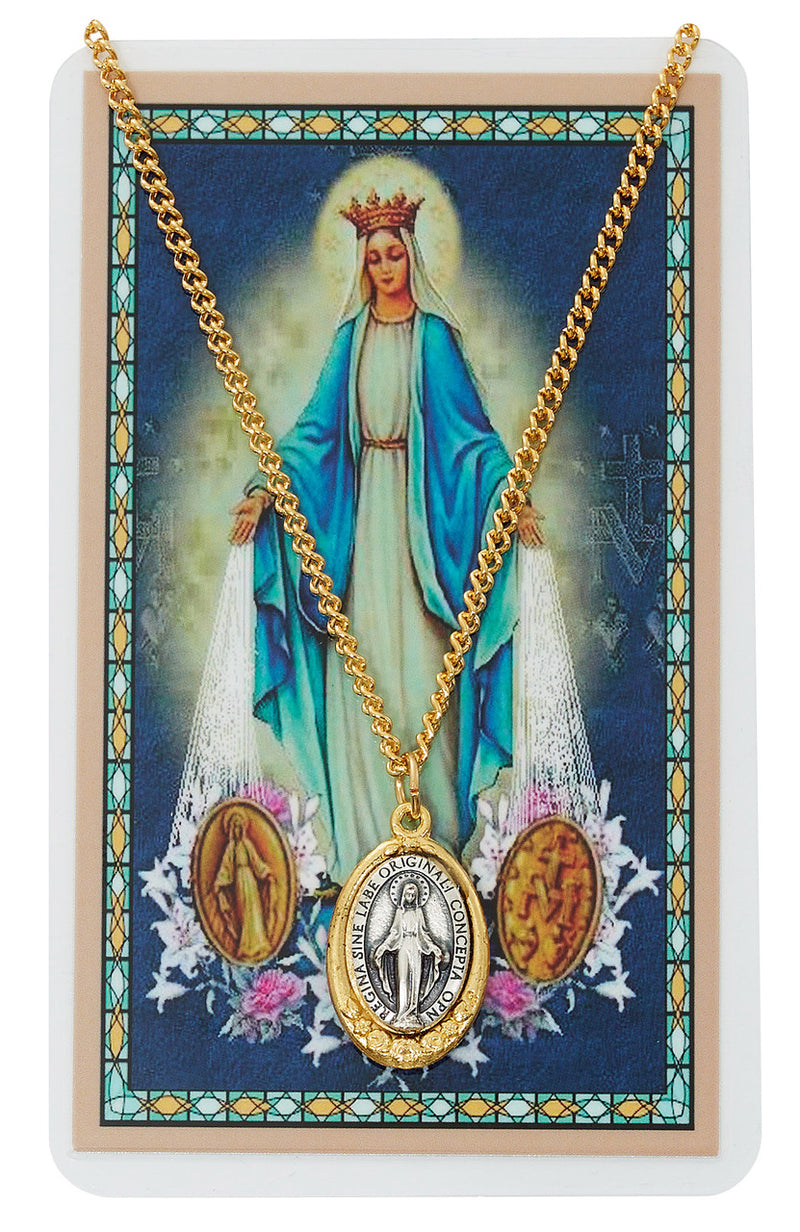 Two-Tone Miraculous Medal on 18" Chain with Laminated Holy Card – Hang Bag