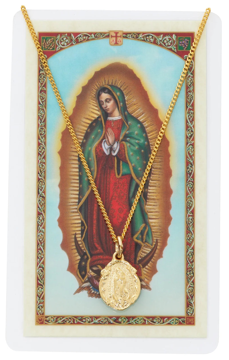 Gold-Plated Pewter Our Lady of Guadalupe Medal with Spanish Prayer Card & 18” Gold-Tone Chain