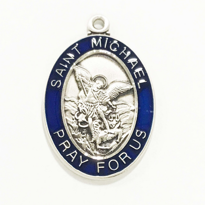 Patron St. Michael Medal Sterling Silver w/ Blue Enamel and 24" Rhodium Plated Chain St. Michael Medal St. Michael Medal Necklace