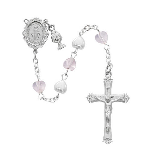 Pearl and Pink Crystal Rhodium Miraculous Medal Communion Rosary - BEST SELLER