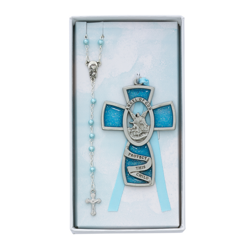 Pewter Blue Guardian Angel Cross and Rosary Set baptismal gift nursery decor baby shower gift ideas