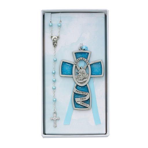 Pewter Blue Guardian Angel Cross and Rosary Set baptismal gift nursery decor baby shower gift ideas