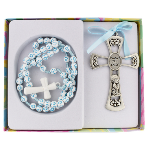Pewter Boy Crib Medal with Boy's Blue Cross Rosary