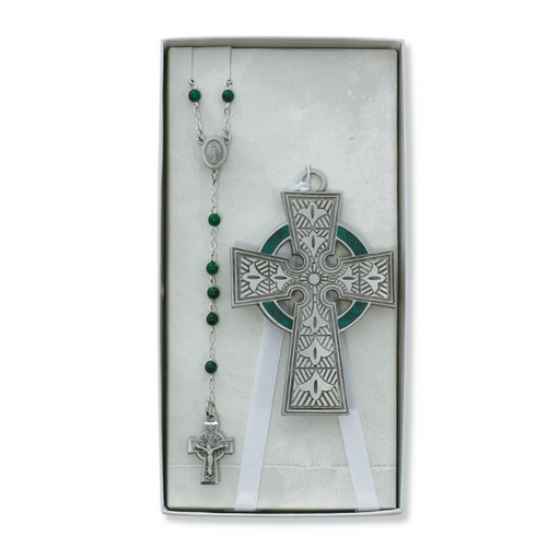 Pewter Celtic Cross with White Ribbon and Rosary Set
