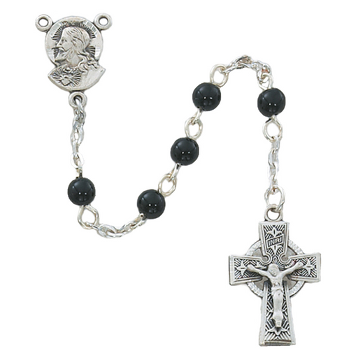 Pewter Celtic Crucifix and Medal Center with 5mm Black Glass Rosary