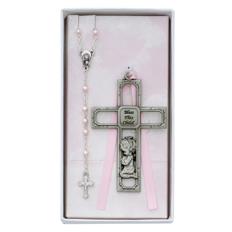 Pewter Cross and Rosary Set - Pink