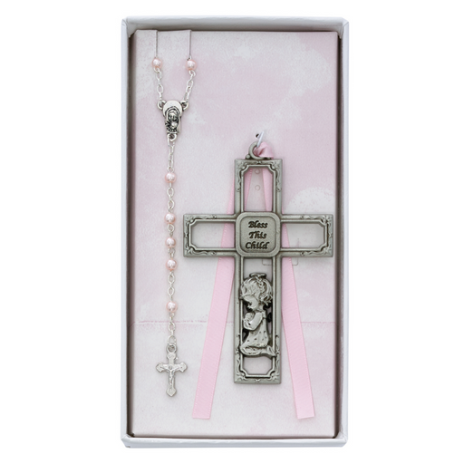 Pewter Cross and Rosary Set - Pink