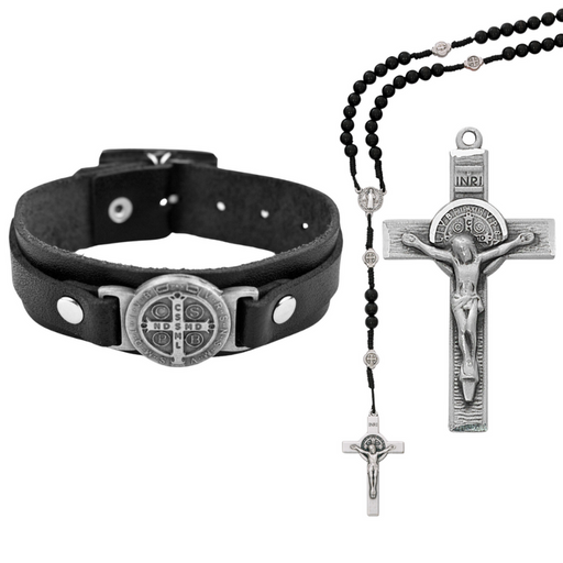 Pewter Crucifix Necklace, Beaded Rosary, And Black Leather Bracelet - St. Benedict Father's Day Gift Set