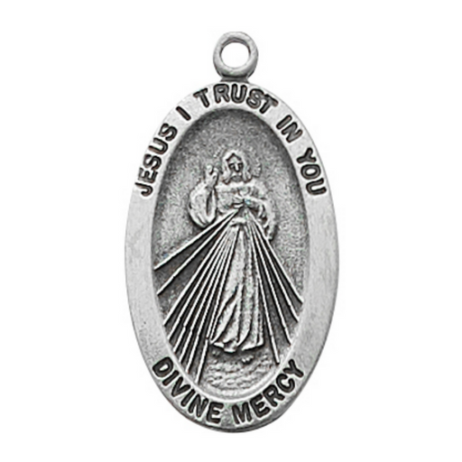 Pewter Divine Mercy Medal with 18" Rhodium Chain