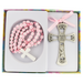 Pewter Girl Crib Medal with Girl's Pink Cross Rosary
