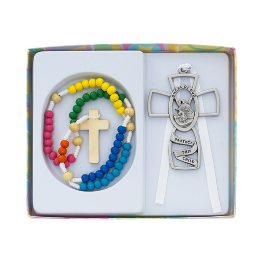 Pewter Guardian Angel Cross and Multi Color Rosary Set