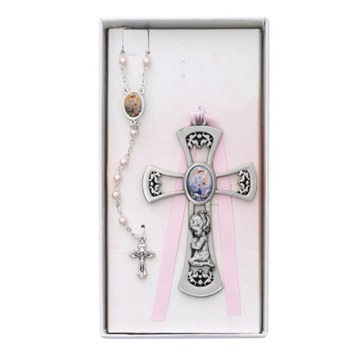 Pewter Guardian Angel Cross and Rosary Set - Girl Pewter Guardian Angel Cross and Rosary Set Baby Gifts Baby Keepsakes