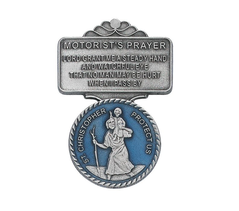 Pewter Medal With Holy Card, Blue Auto Rosary And Blue Visor Clip - St. Christopher Father's Day Gift Set