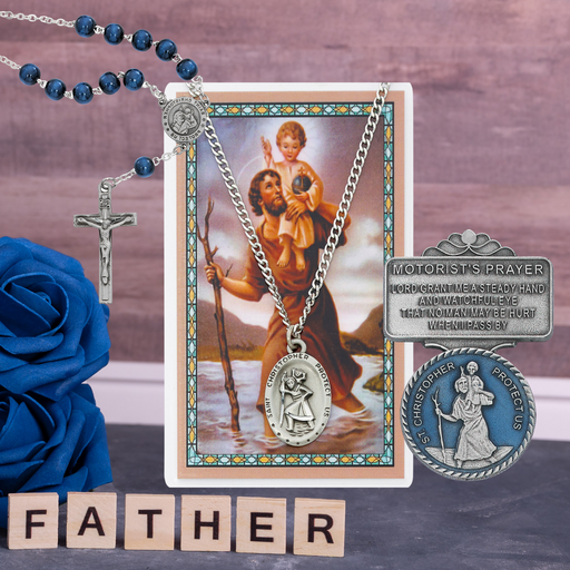 Pewter Medal With Holy Card, Blue Auto Rosary And Blue Visor Clip - St. Christopher Father's Day Gift Set