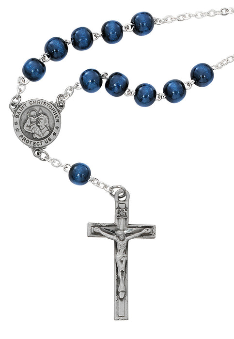 Pewter Medal With Holy Card, Blue Auto Rosary And Blue Visor Clip - St. Christopher Father's Day Gift Set