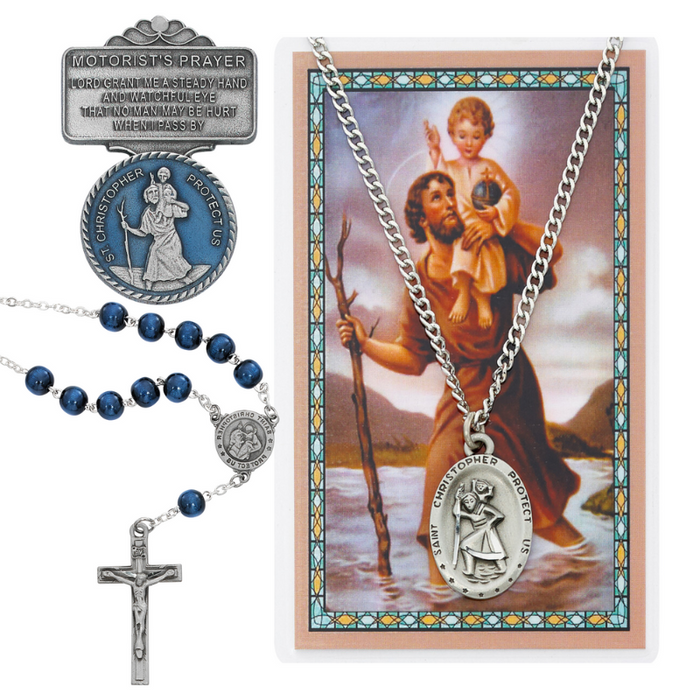 Pewter Medal With Holy Card, Blue Auto Rosary And Blue Visor Clip - St. Christopher Father's Day Gift Set