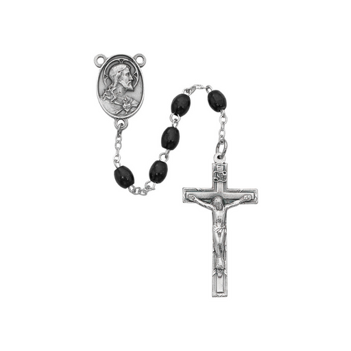 Pewter Sacred Heart Rosary with 4x6mm Black Wood Beads