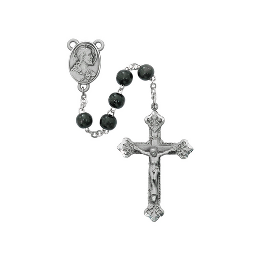 Pewter Sacred Heart Rosary with Black Wood Beads