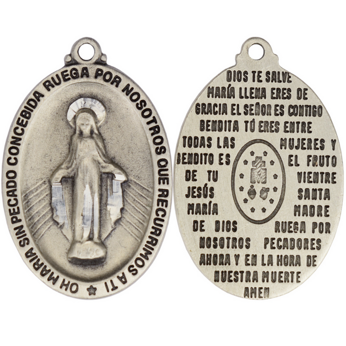 Pewter Spanish Hail Mary Medal with 24" Silver Tone Chain