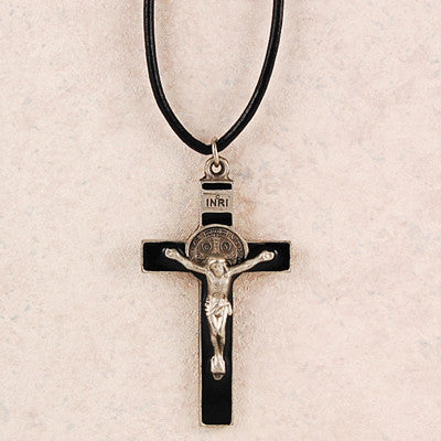 Pewter St. Benedict Crucifix w/ 24" Black Leather Cord