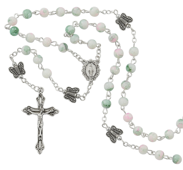 Pink And Green Glass Beads With Butterfly Our Father Beads Rosary