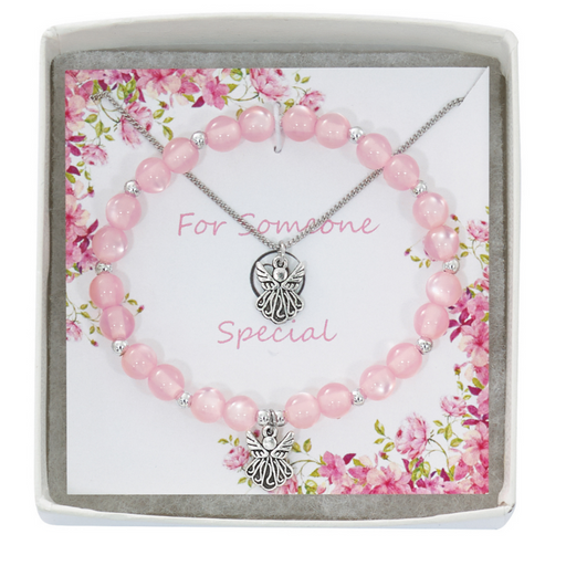 Pink Cat's Eye Angel Communion Bracelet and Silver Necklace Set