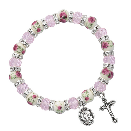 Pink Crystal and Flower Ceramic Beads Miraculous Medal Bracelet our lady of miraculous medal power of the miraculous medal miraculous medal protection
