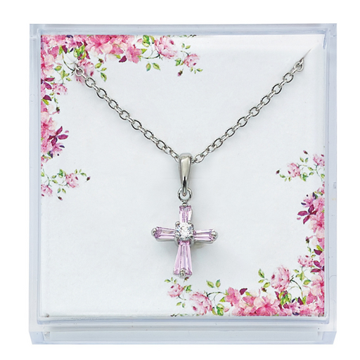 Pink Cubic Zirconia Cross with 16" Chain
