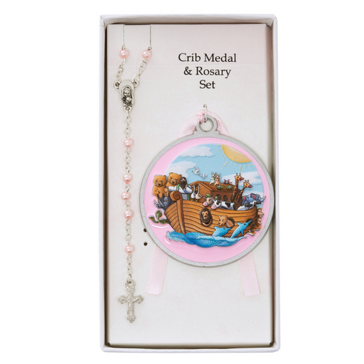 Pink Enamel Noah’s Ark Crib Medal With Pink Rosary