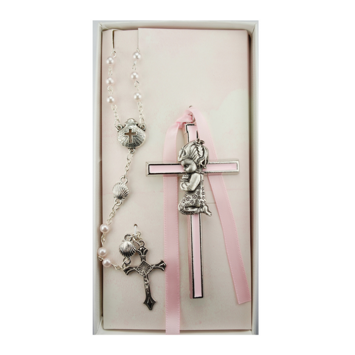 Pink Girl's Cross and Shell Rosary Set